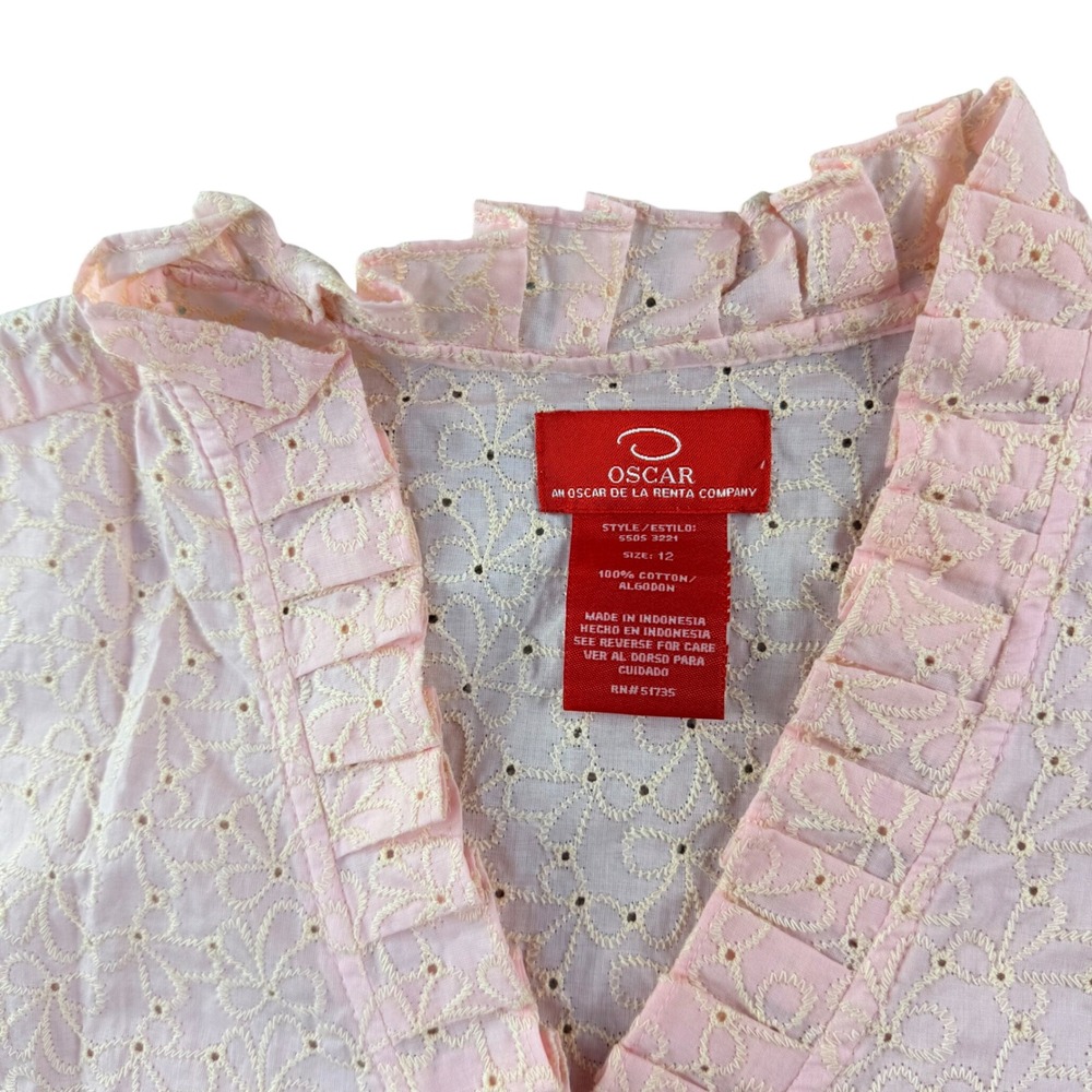 Oscar de la Renta Pink Eyelet Blouse Womens 12 Sleeveless Ruffle Cotton New